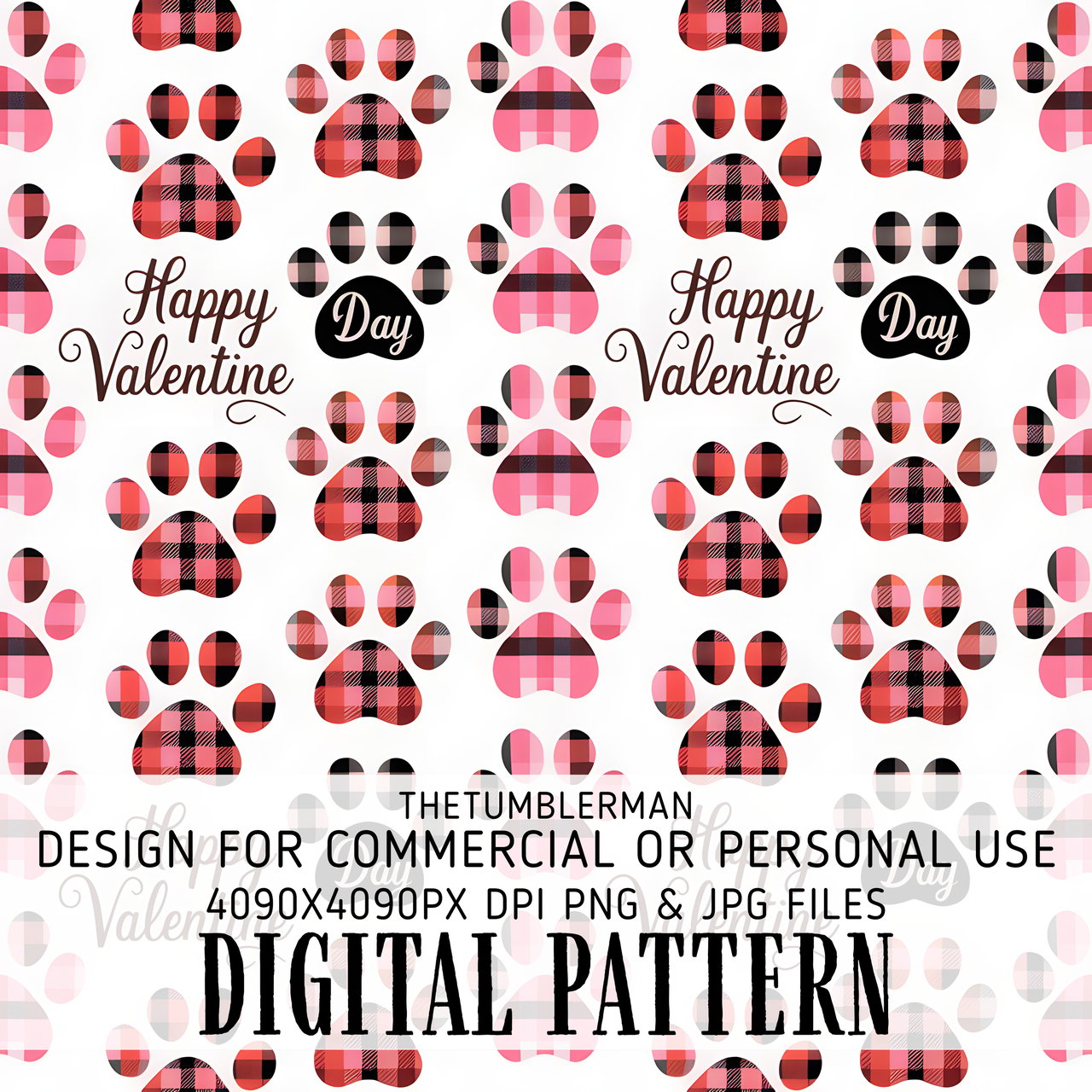 Valentine Paw Print Digital Pattern, Buffalo Plaid Dog Paws, Digital Bundle, Pet Lovers, Happy Valentine's Day, Sublimation Design