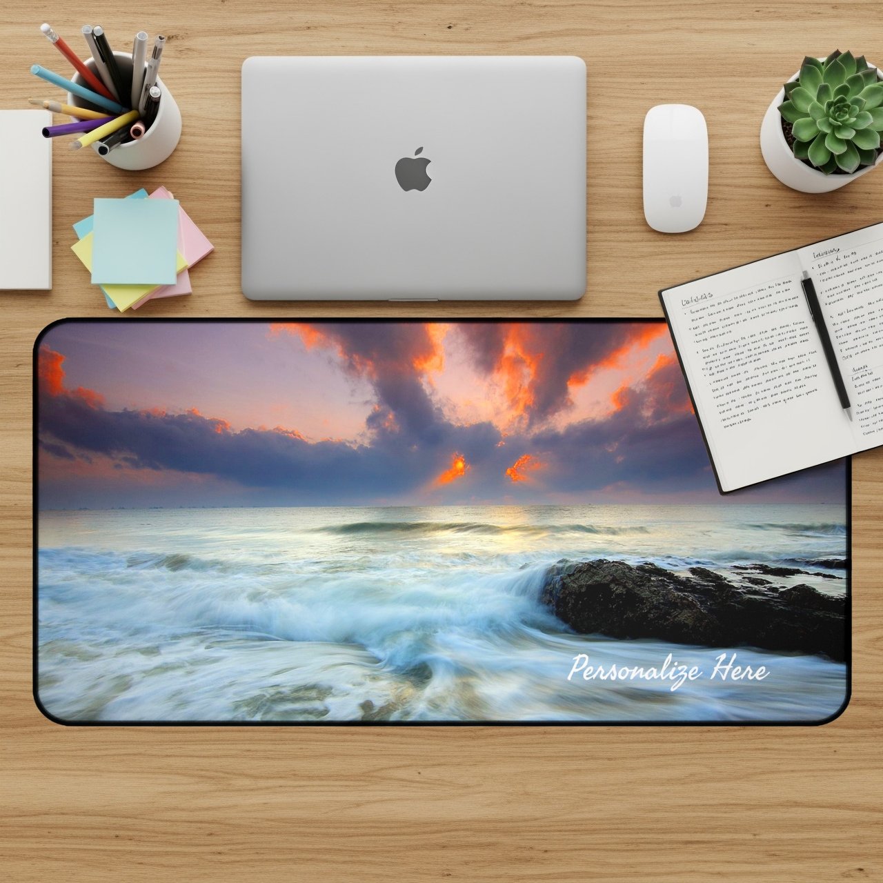 Personalized Ocean Sunset Waves Desk Mat, Custom Beach Lover Gift, Stormy Coastal Desk Mat. Dramatic Sea Landscape Mouse Pad
