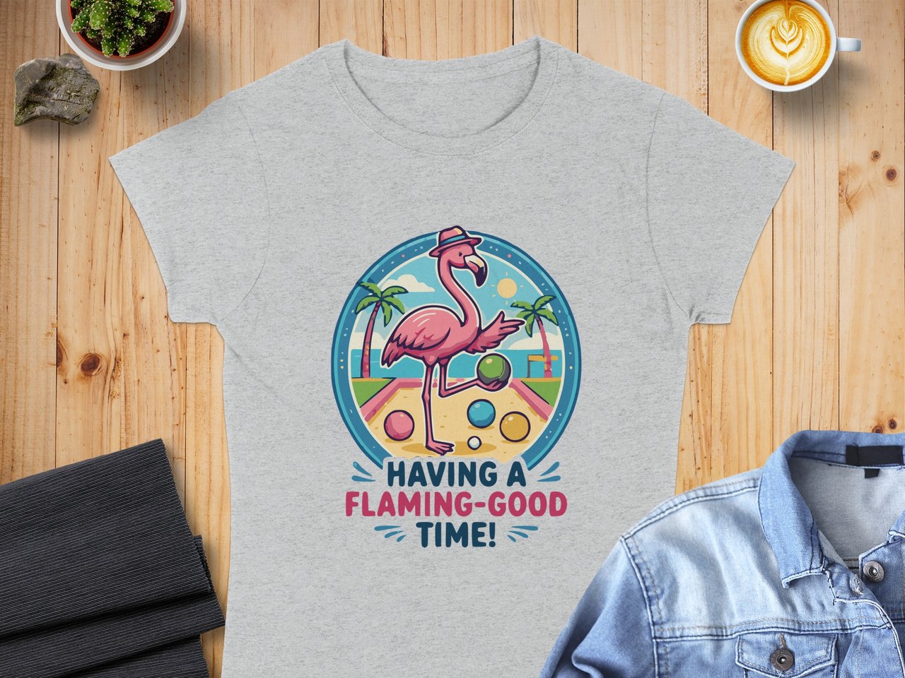 Flamingo Bocce Ball T-Shirt - Having a Flaming-Good Time! Retro Tropical Vacation Tee, Funny Summer Beach Party Shirt