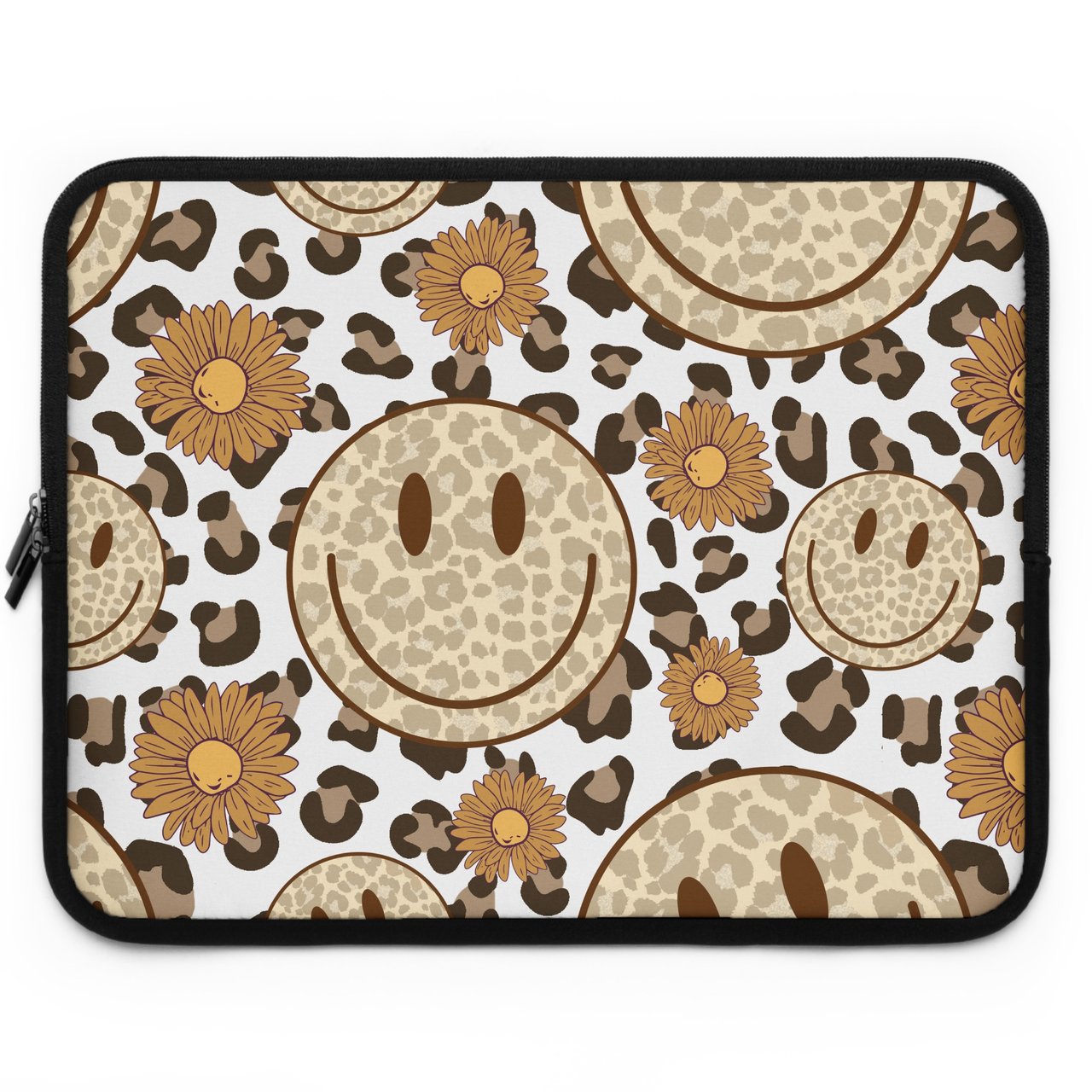 Groovy Leopard Smiley Face Laptop Sleeve, Boho Daisy Funky Laptop Case, Aesthetic Accessory Pouch, Retro Tech Cover Gift Her