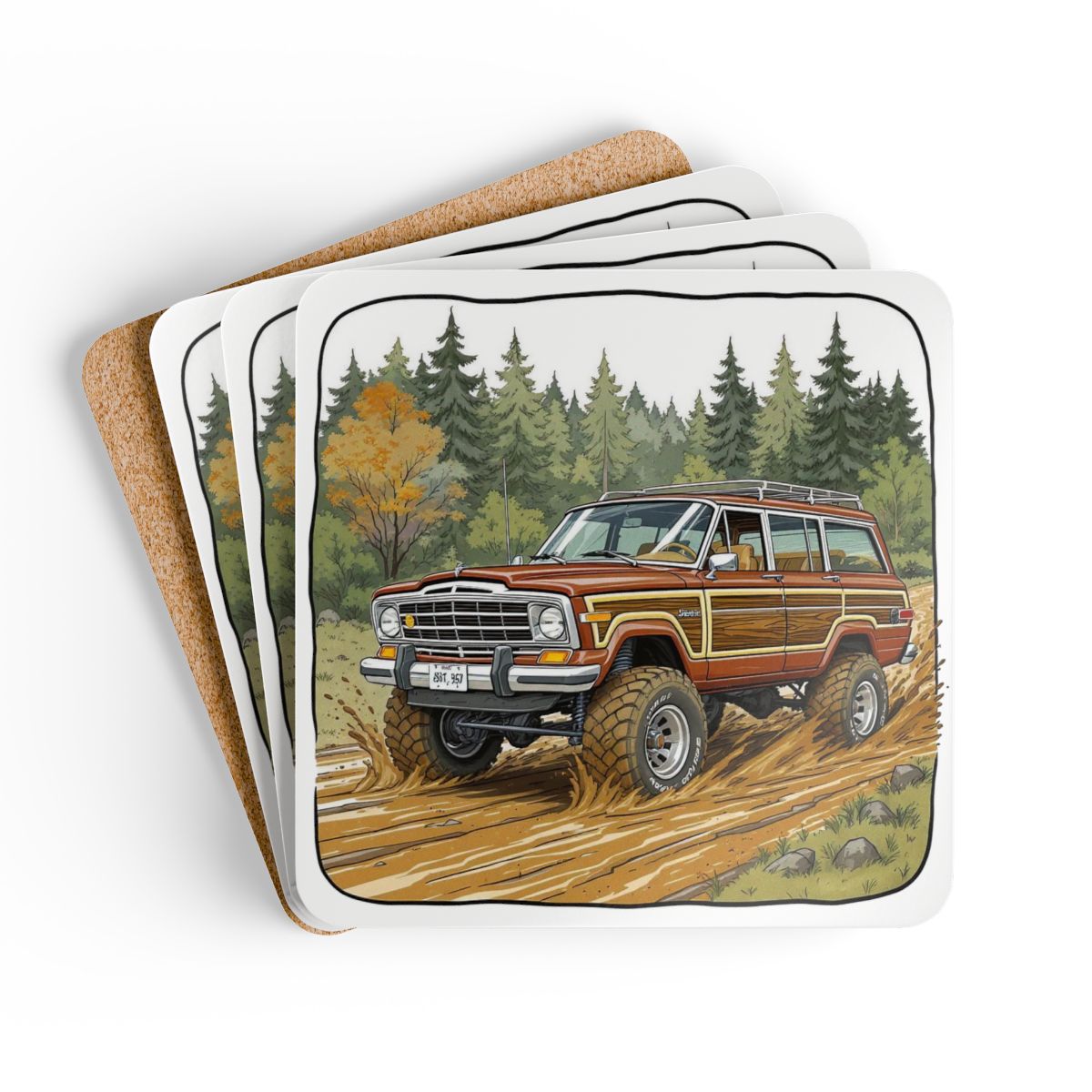 Grand Wagoneer Corkwood Coaster Set, The Waggy Car Coasters, Off Road, Petralla Shop, Classic SUV Art, Car Lover Gift, Drink Coasters