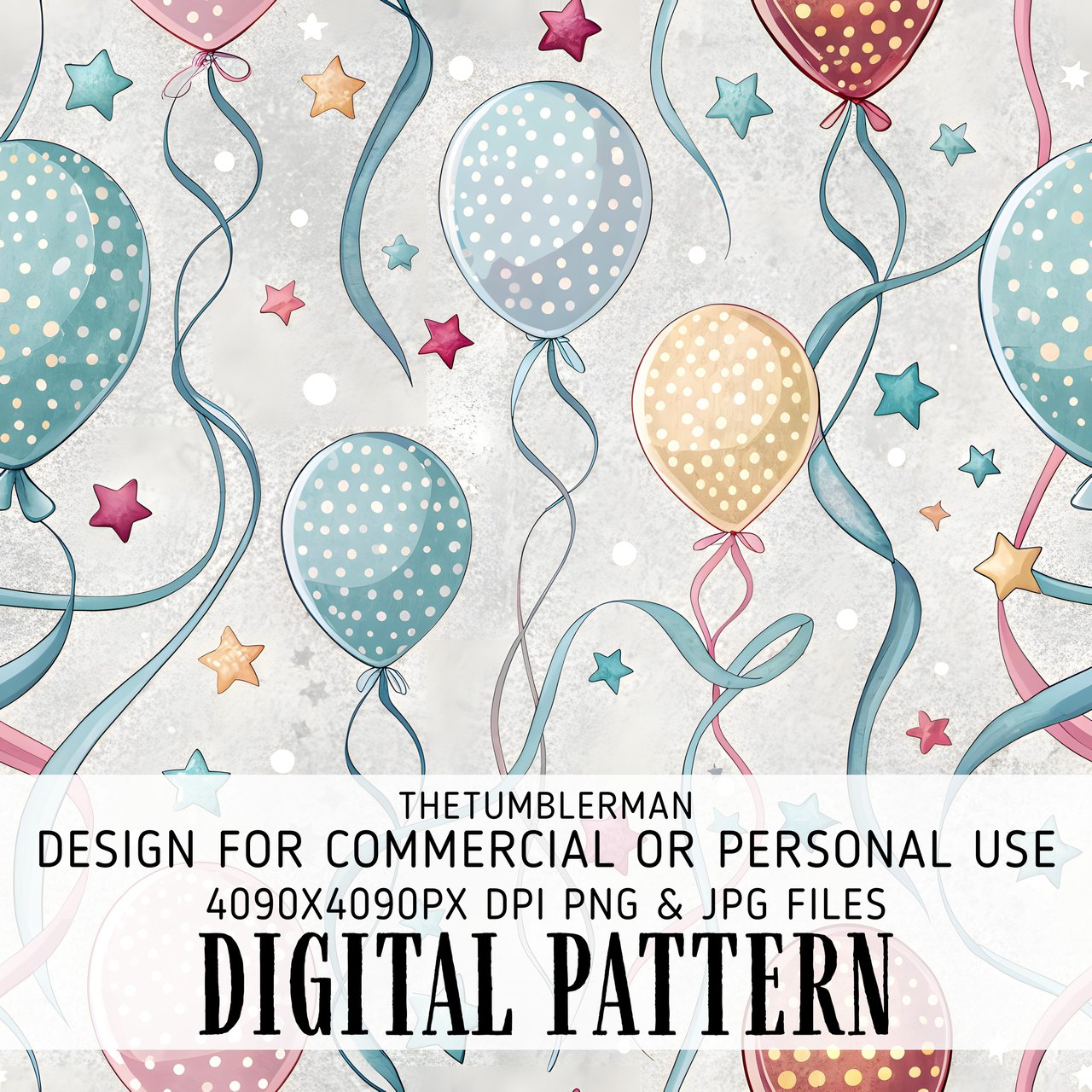 Digital Balloons Pattern, Stars Seamless Repeat File, Party Balloons Digital Bundle, Celebration Paper Design, Scrapbooking Pattern, Digital