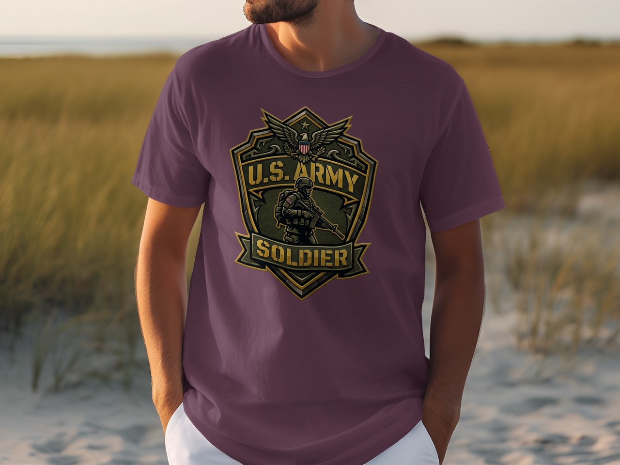 US Army Soldier Military Emblem T-Shirt, Patriotic American Flag Veteran Gift Tee, Armed Forces Support Shirt for Men