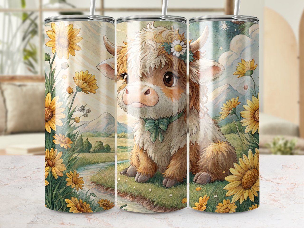 Highland Cow Tumbler, Cute Cow Wrap, Floral Tumbler, 20oz. Seamless Tumbler Wrap, Cow Tumbler Design, Farm Animal Tumbler, Daisy Cow