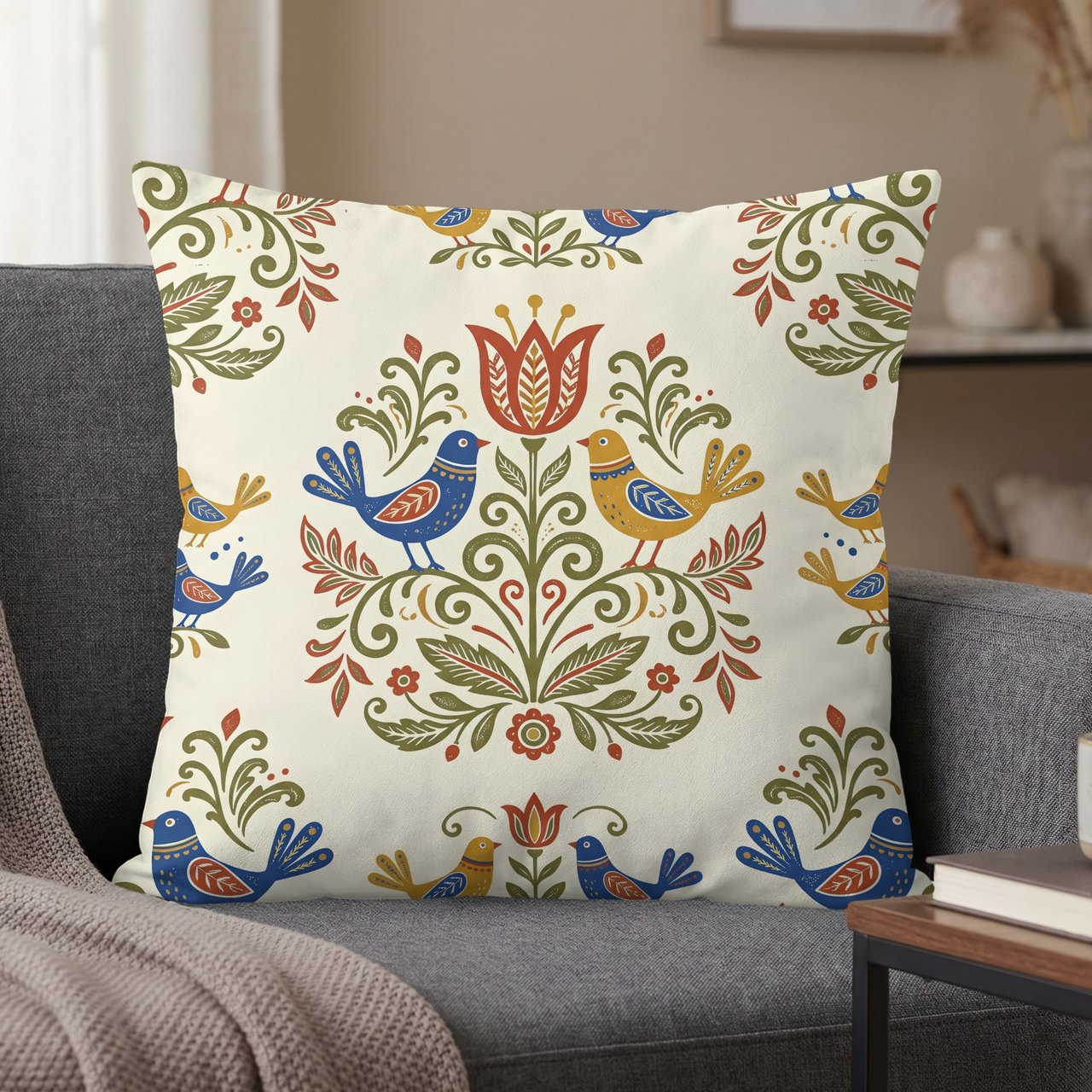 Vibrant Folk Bird & Floral Pillow Case