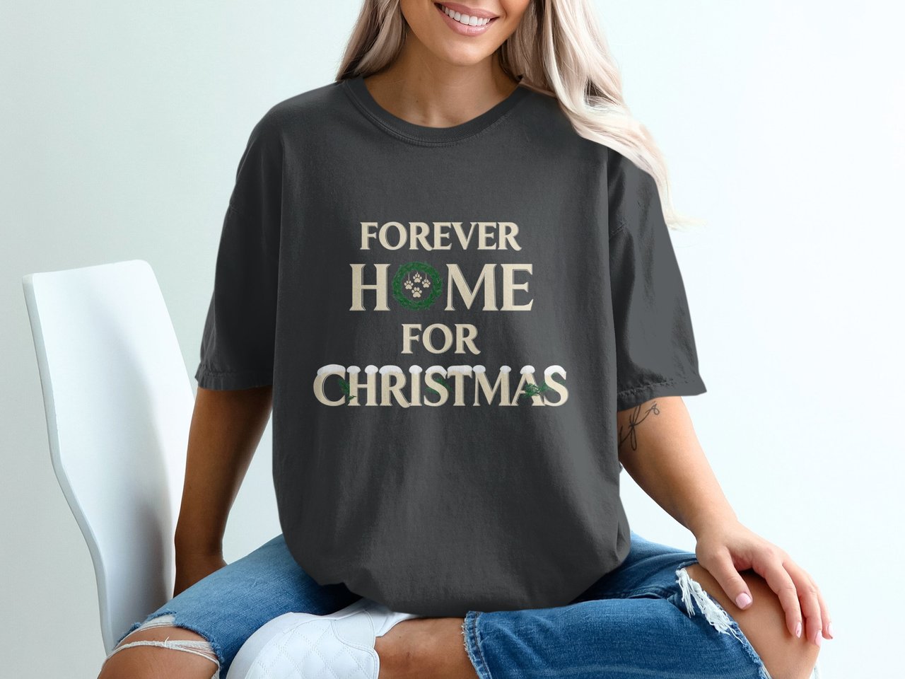 Forever Home for Christmas Pet Adoption T-Shirt, Dog Mom Christmas Tee, Rescue Advocate Holiday Shirt, Cozy Pet Lover Gift, Xmas Top