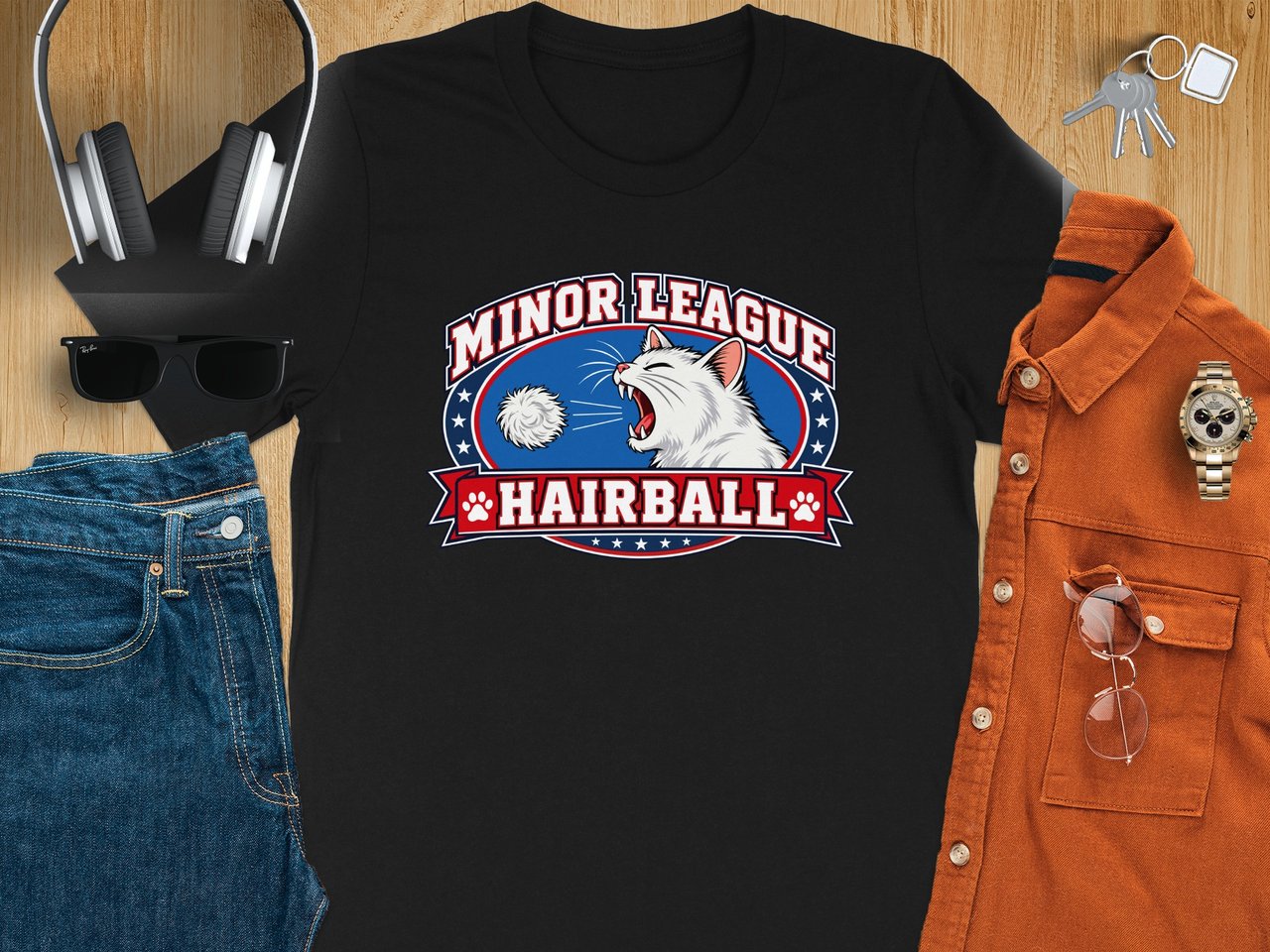 Minor League Hairball-throwing funny cat T-Shirt