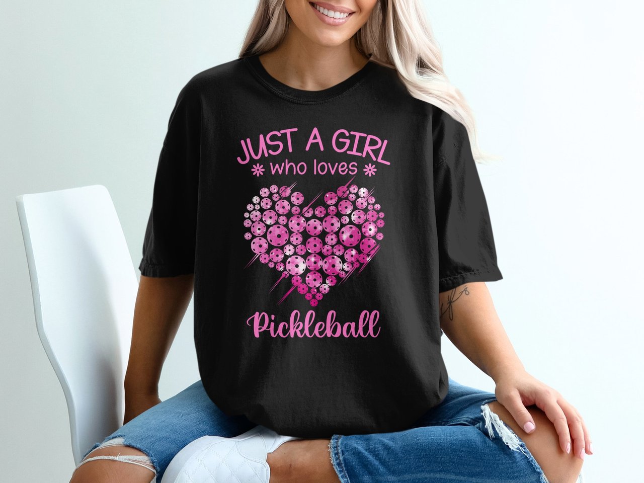 Pickleball Comfort Colors Shirt, Just A Girl Who Loves Pickleball, Cute Pink Heart Vintage Graphic Tee