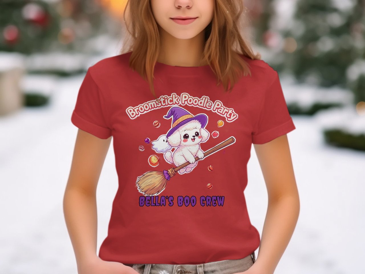 Broomstick Poodle Party Halloween Sweatshirt, Cute Dog Witch Graphic, Fall Festive Apparel, adult and kid size t-shirts
