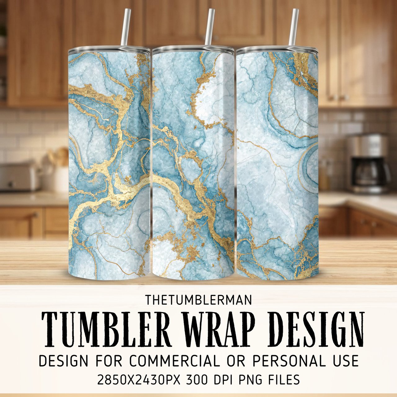20 oz Tumbler Wrap, Blue Gold Marble Sublimation Design, Straight and Tapered, Digital Download, Tumbler Design