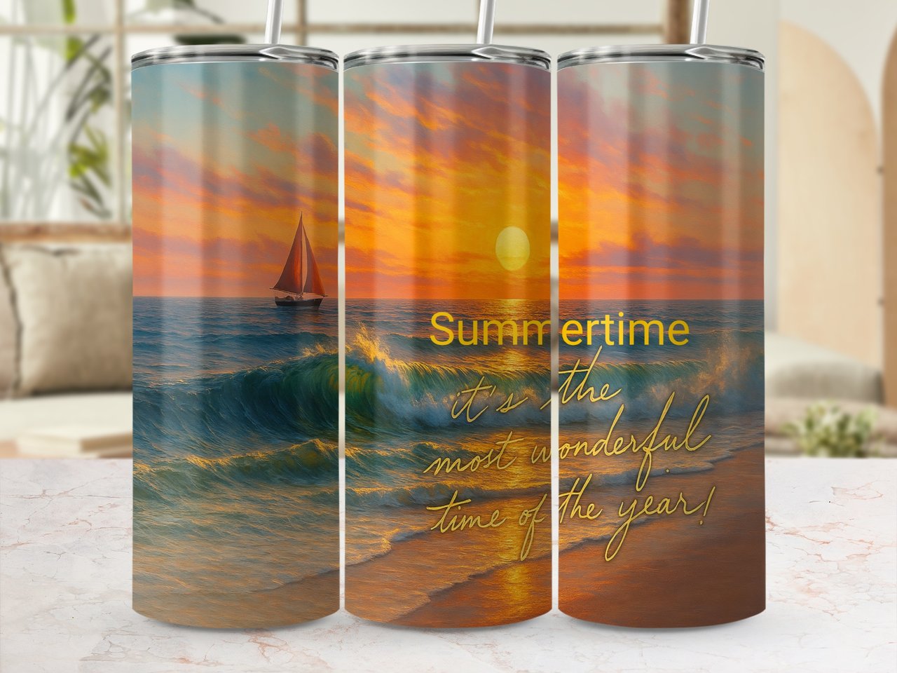 Beach Sunset 20oz Seamless Tumbler Wrap, Ocean Scene