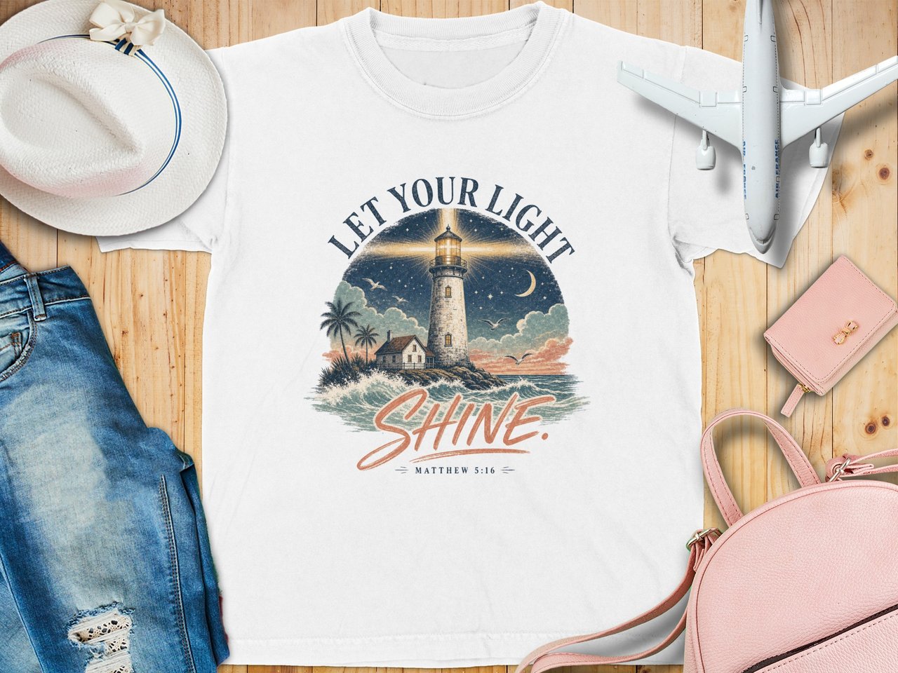 Let Your Light Shine Lighthouse Youth T-Shirt, Christian Matthew 5:16 Verse Top, Inspirational Faith Coastal Graphic Tee, Spiritual Gift