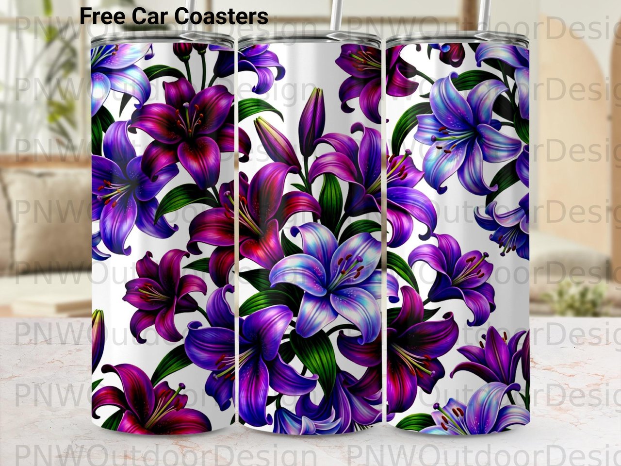 Purple Lily Tumbler PNG for 20oz Skinny Sublimation, Seamless Floral Digital Wrap, Tapered Design, Car Coaster PNG Included