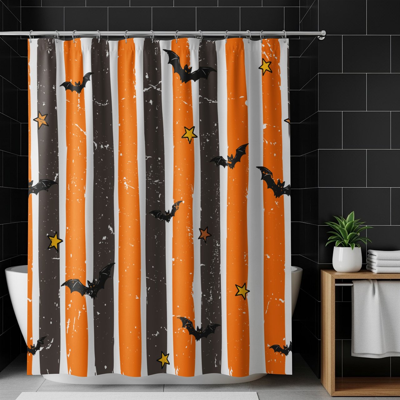 Halloween Bat Shower Curtain and Bath Mat, Spooky Striped Bathroom Decor, Grunge Orange and Black Autumn Bat Decor, Gothic Home Gift