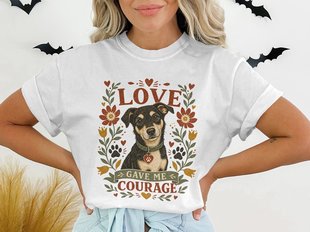 Love Gave Me Courage Dog T-Shirt, Cute Pet Lover Tee for Dog Moms, Floral Rustic Dog Shirt, Heart Paw Print Gift for Her