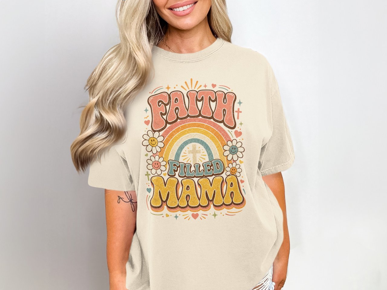Faith Filled Mama Retro Christian Design | Groovy Rainbow Cross Digital Graphic | Vintage Style Spiritual Other