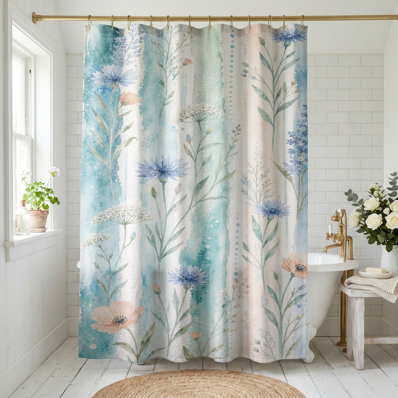Cottagecore Botanical Watercolor Shower Curtain