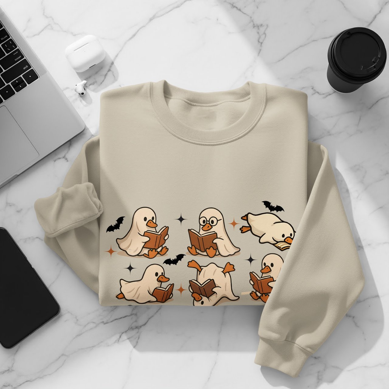 Ghost Ducks Reading Books T-Shirt, Spooky Cute Duck Halloween Tee, Funny Bookworm Animal Shirt, Reading Ghosts Bats Graphic Shirt
