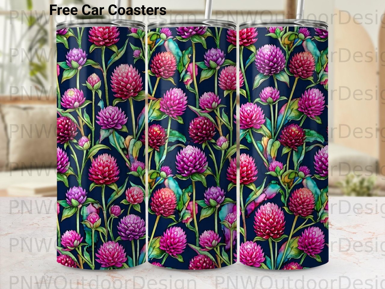 Gomphrena Floral 20oz Tumbler Sublimation PNG | Seamless Globe Amaranth Digital Design + Car Coasters | Vibrant Watercolor Pattern