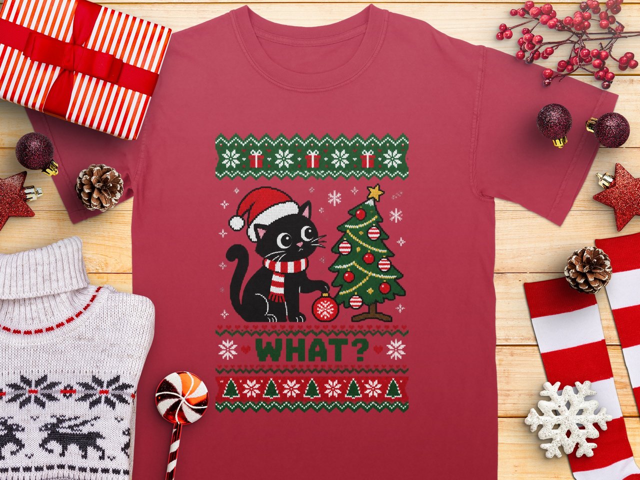 Black Cat What Pushing Christmas Tree Ornament Santa Hat Knitted Holiday Graphic Standard T Shirts