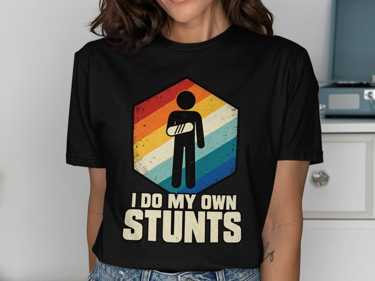 I Do My Own Stunts Broken Arm Injury Stick Figure Retro Rainbow Standard T-Shirts