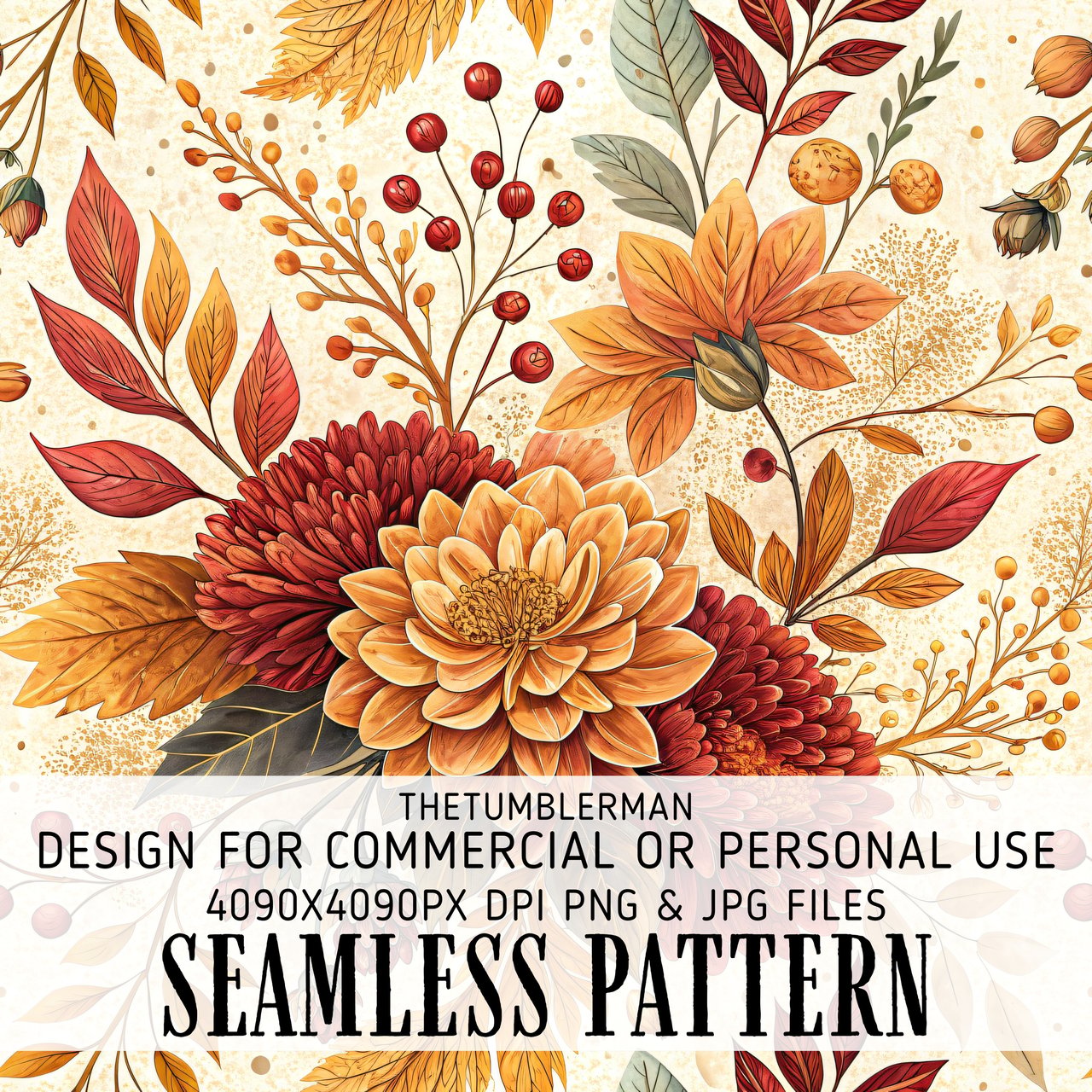 Autumn Flowers Tumbler Design, Watercolor Floral Digital Papers, Printable Tumbler PNG, Scrapbooking Paper, Digital Download