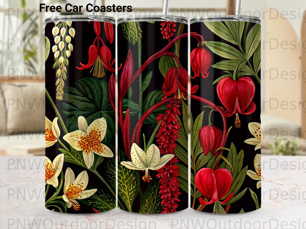 Dark Botanical Tumbler Wrap PNG 20oz Skinny Seamless Sublimation Digital Design with Free Car Coasters
