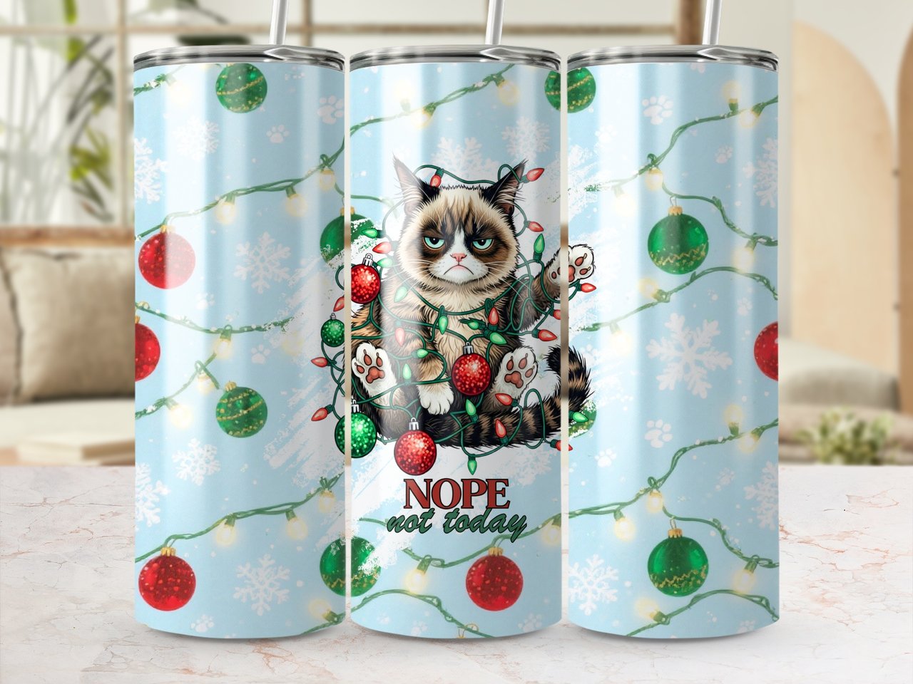 Grumpy Cat Christmas 20oz. Tumbler Wrap PNG, Funny Cat Lover Gift, Nope Not Today Seamless Digital Download, Winter Holiday Design