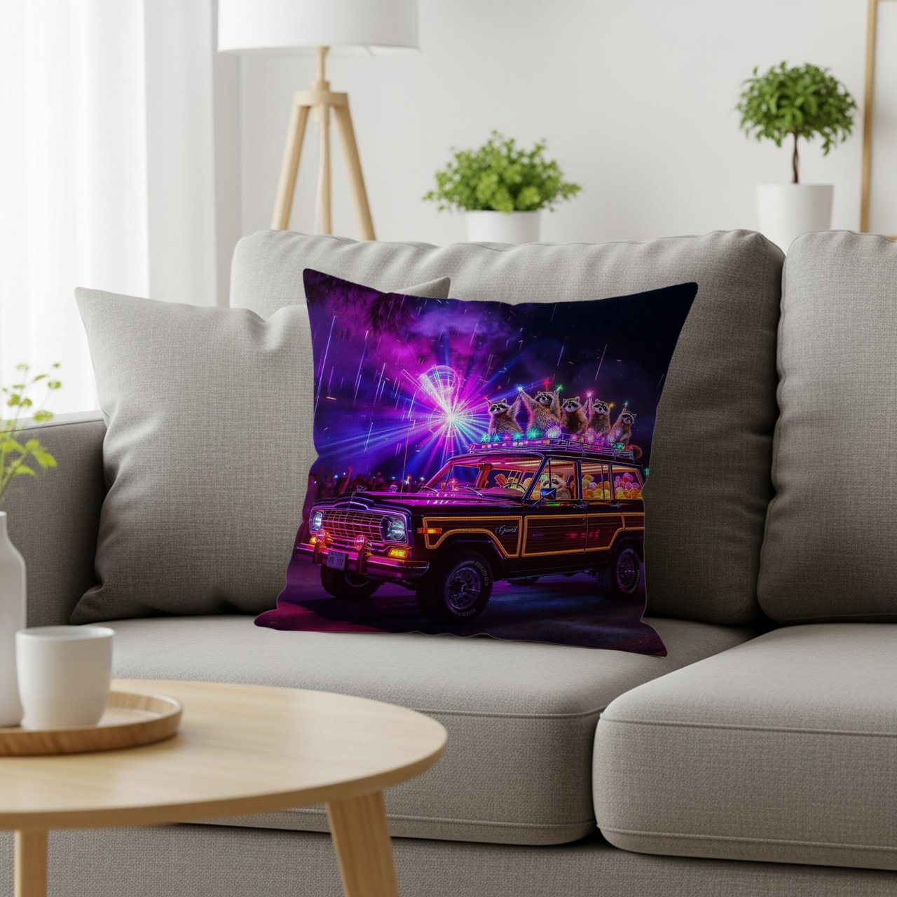 Grand Wagoneer Pillows, Raccoon Decor, Waggy Car, Party Lights Pillow Cases, Animal Art Pillows, Retro Car Pillows, Unique Decor