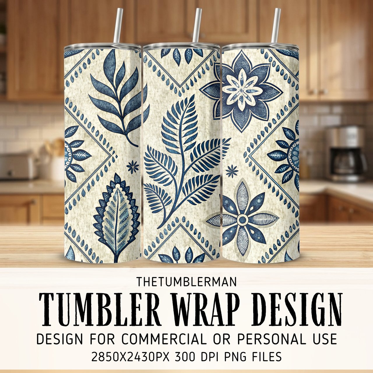 Vintage Indigo Tile Digital Design Size Bundle Png