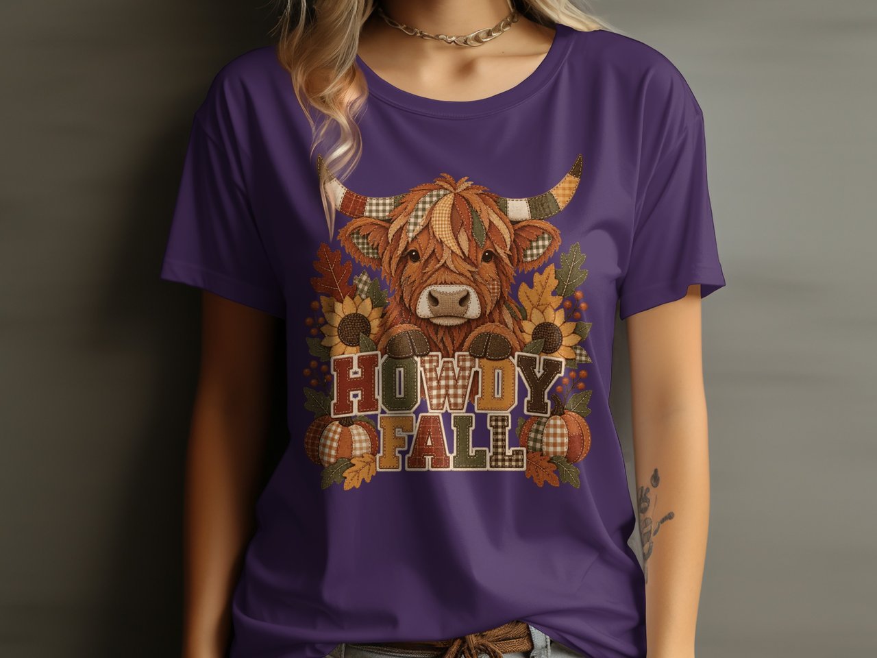 Howdy Fall Highland Cow Tee or Sweatshirt, Faux Patchwork Design