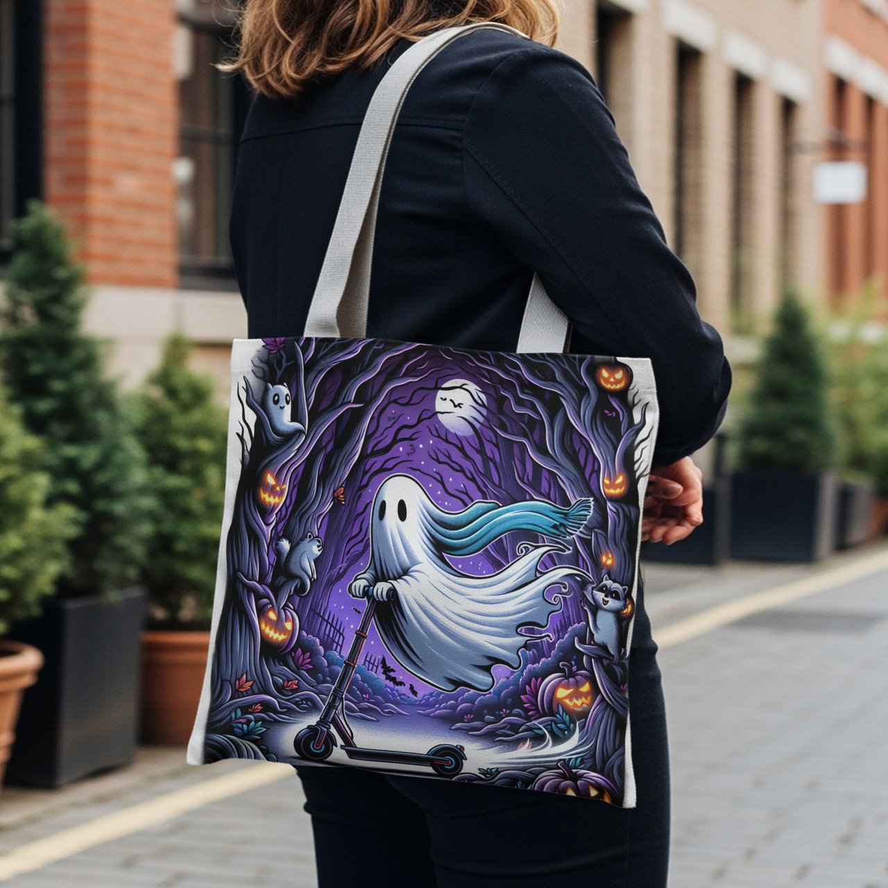 Halloween Tote Bag, Ghost on Scooter, Spooky Forest, Animals, Halloween Gift, Fall Decor, Trick or Treat Bag, Holiday Shopping Bag