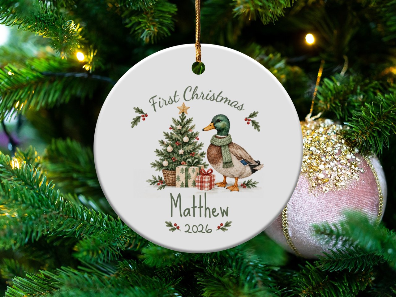Personalized Baby First Christmas Ornament, Custom Duck Tree Keepsake, Woodland Animal Holiday Decor, Cute Mallard Name Gift, 9 Design