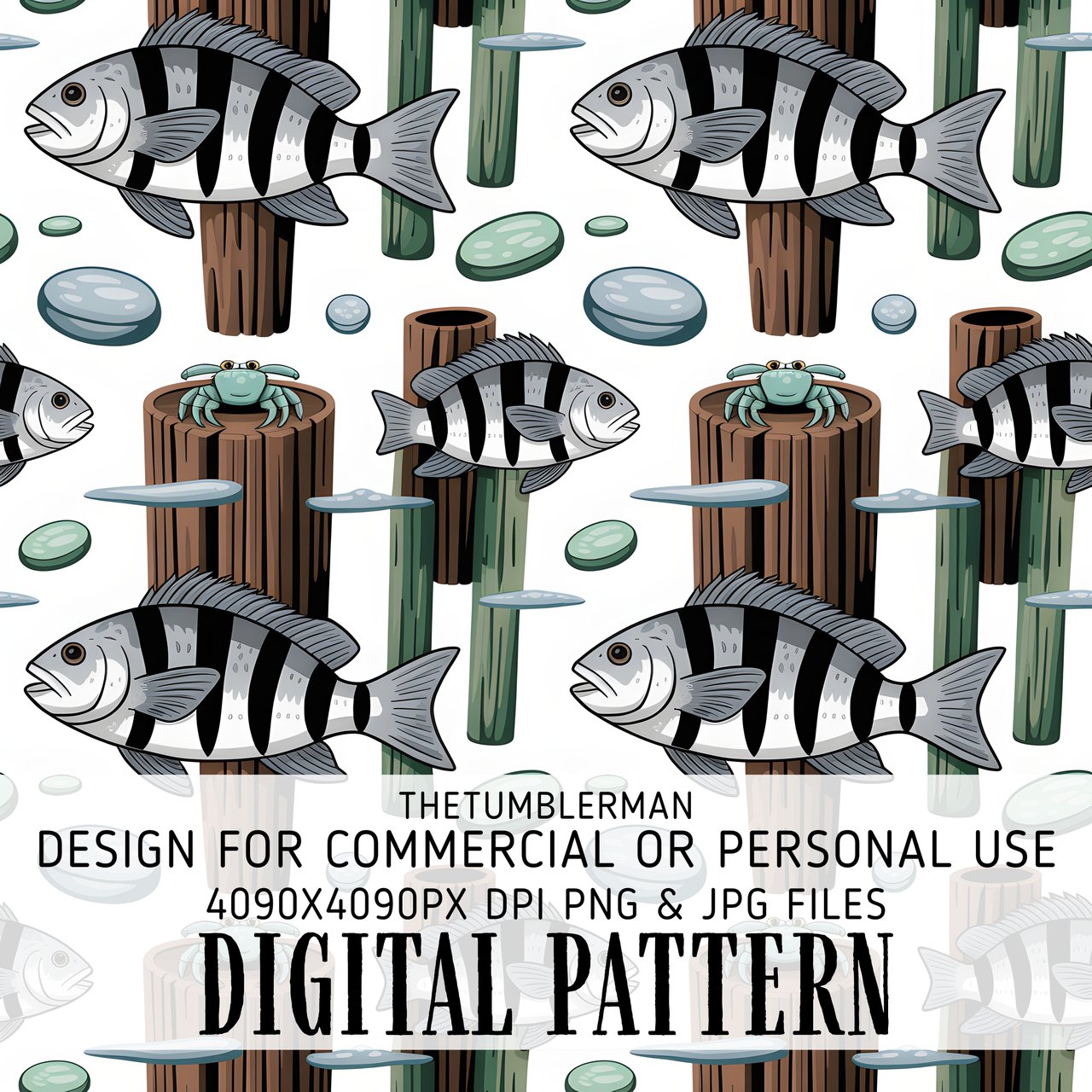 Sheepshead Fish Digital Pattern, Seafood Lover Design, Crab on Wood, Digital Download, Seamless Pattern, Digital Bundle, Commercial Use