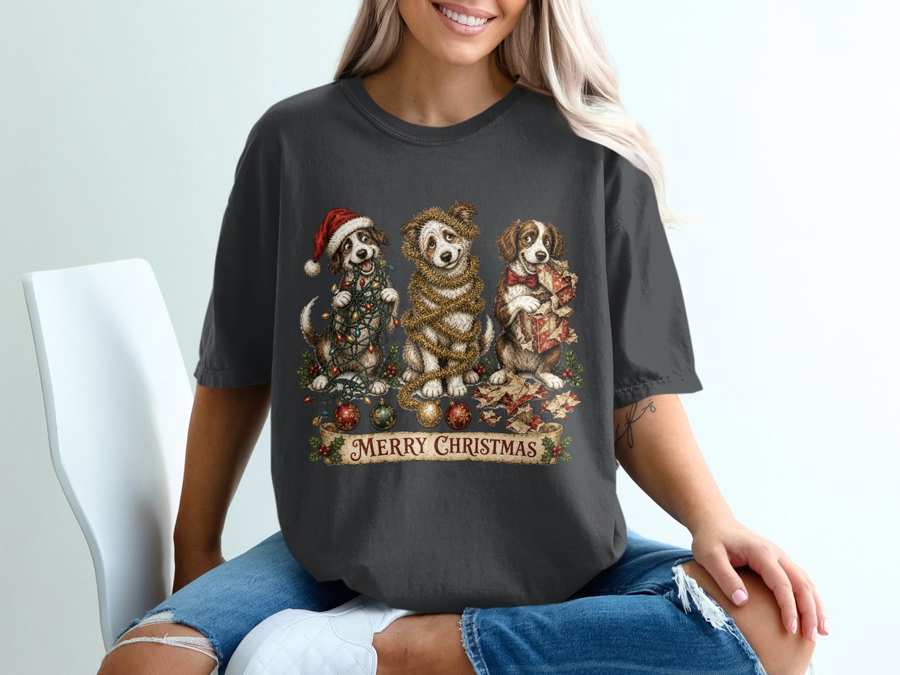 Cute Merry Christmas Puppies T-Shirt, Festive Holiday Dog Lover Gift Tee, Funny Puppy Xmas Lights & Tinsel Present Shirt