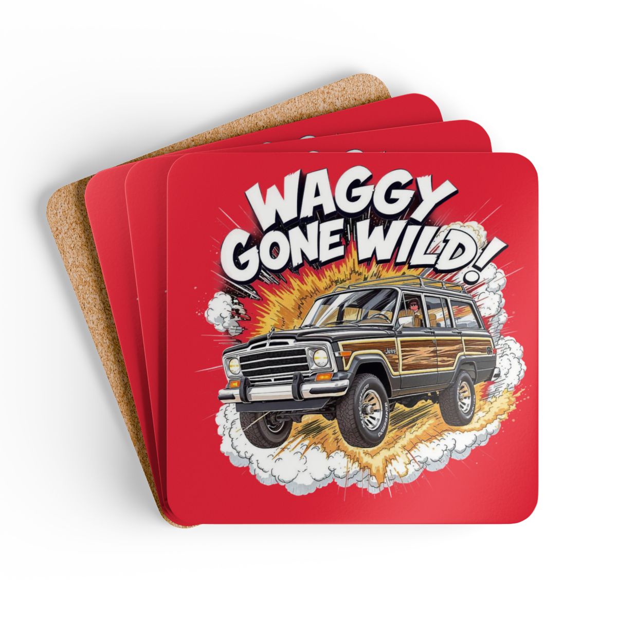 Waggy Gone Wild Grand Wagoneer Corkwood Coaster Set, Cool Car Art, Fun Coasters, Man Cave Decor, Gift for Car Enthusiasts