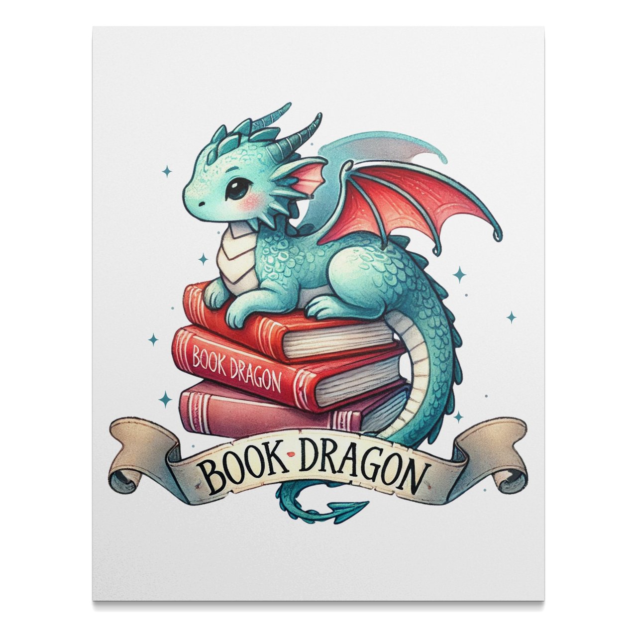 Book Dragon Poster, Cute Fantasy Art, Dragon on Books Print, Mythical Creature Wall Art, Dragon Lover Gift, Kid's Room Decor