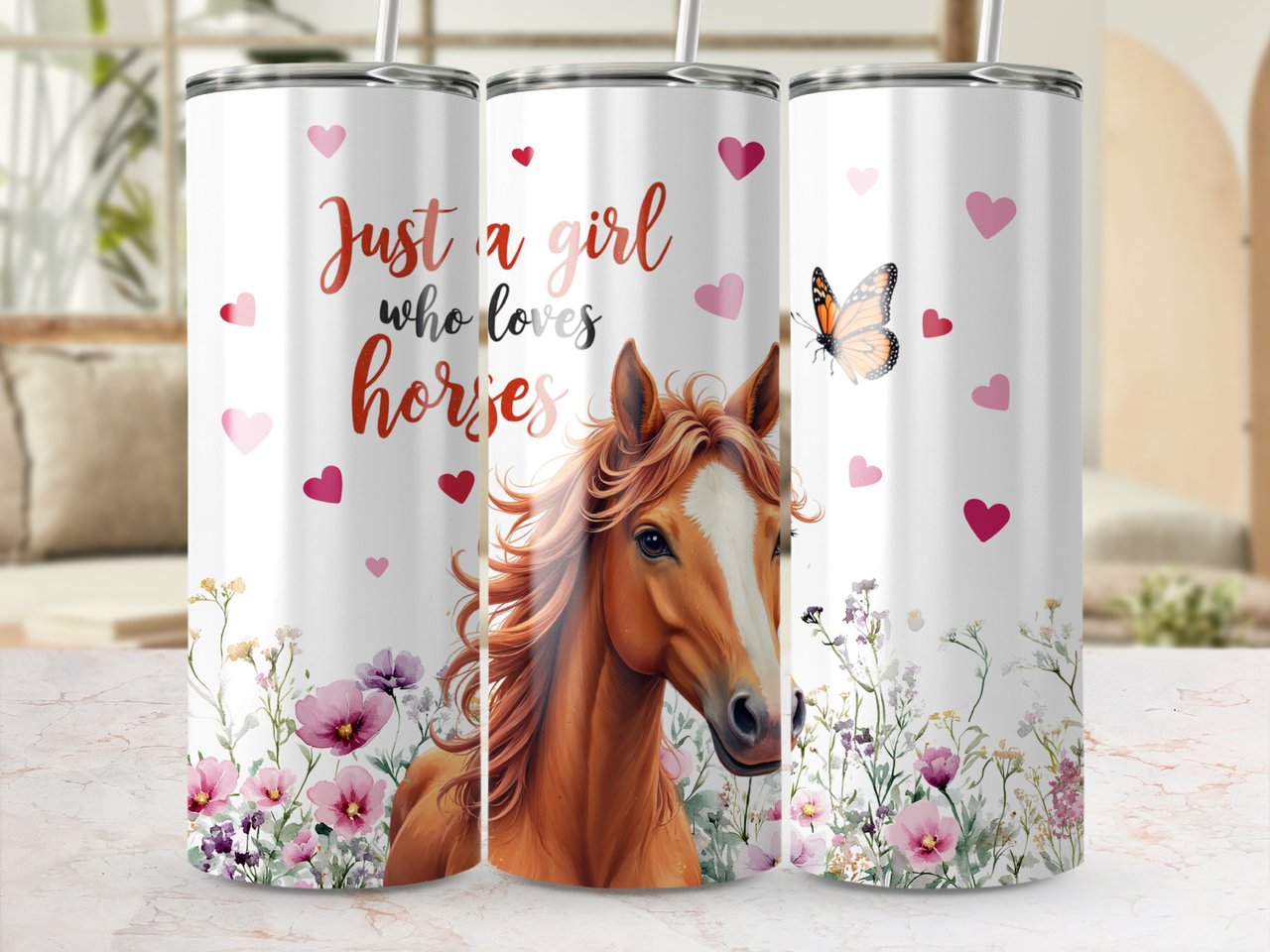 Horse Girl Tumbler Wrap, Seamless 20oz Skinny Tumbler Design, Butterfly and Heart Tumbler, Horse Lover Gift, Cute Floral Tumbler