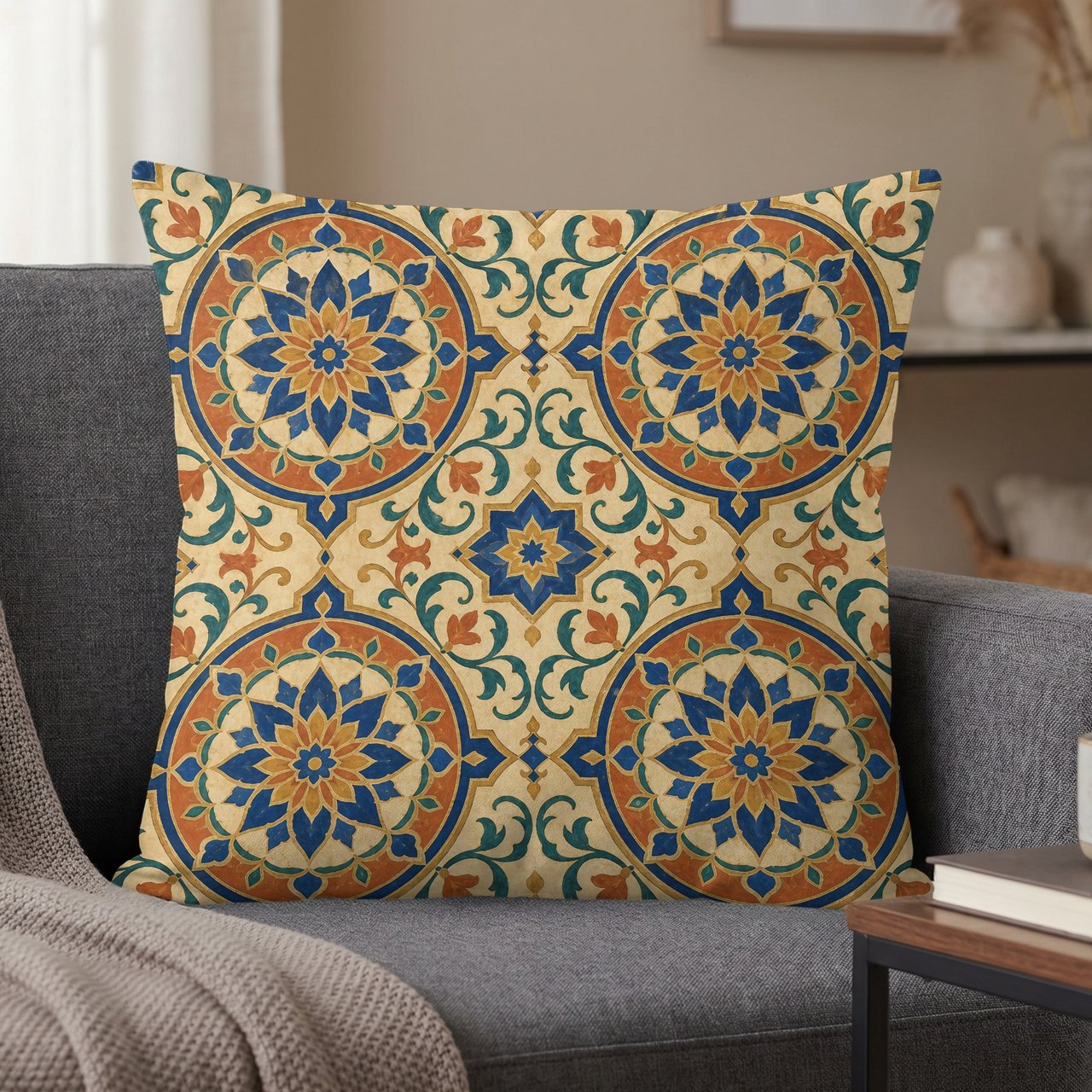 Moroccan Tile Pillow Cover, Blue Orange Bohemian Decorative Pillow Case, Mandala Pattern Accent Cushion Cover