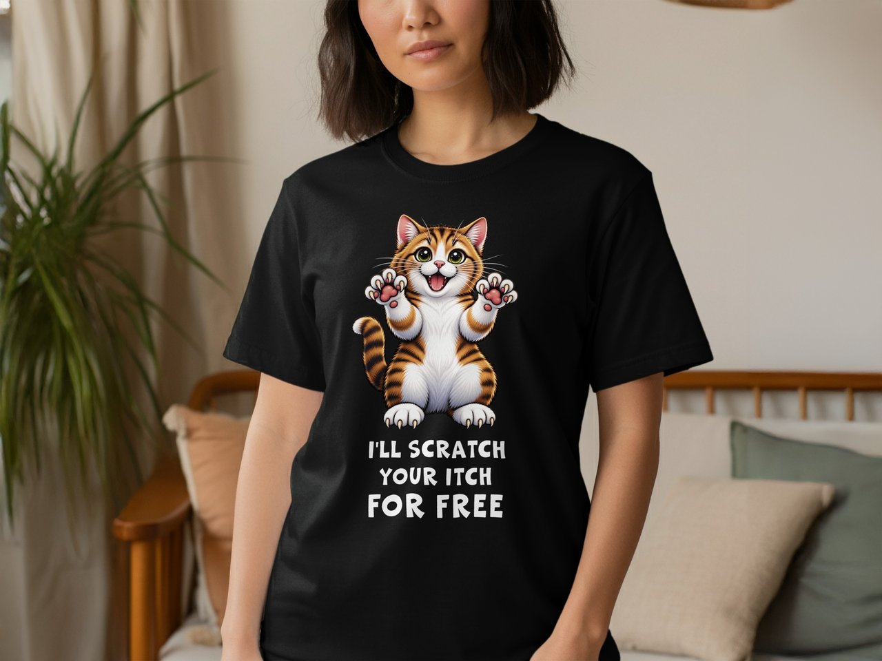 Funny Cat T-Shirt, "I'll scratch your itch for FREE" Cute Kitten Graphic Tee, Cat Lover Gift, Playful Feline Art