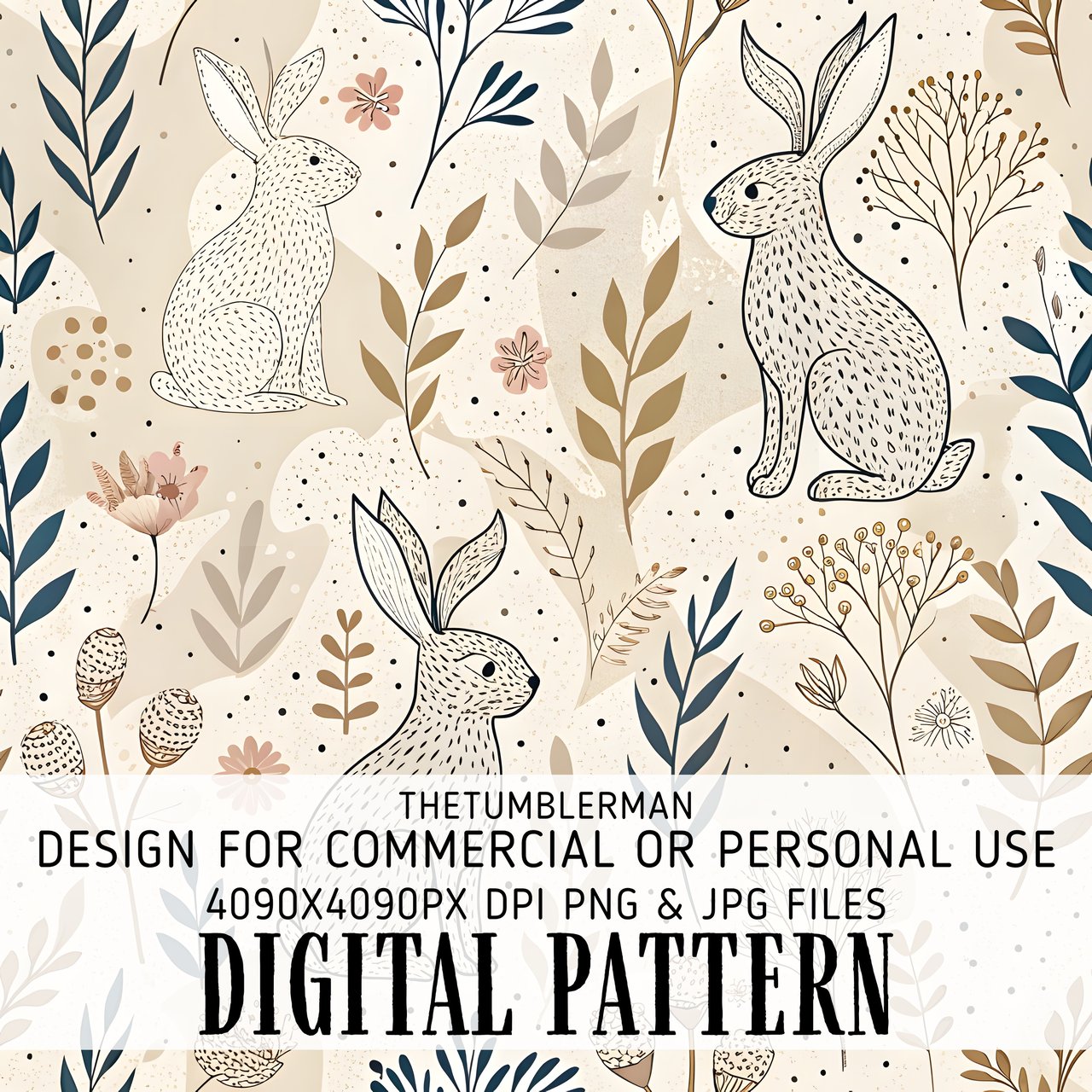 Digital Pattern, Bunny Digital Bundle, Floral Pattern, Rabbit Design, Seamless Pattern, Digital Paper, Commercial Use, Print File, Easter