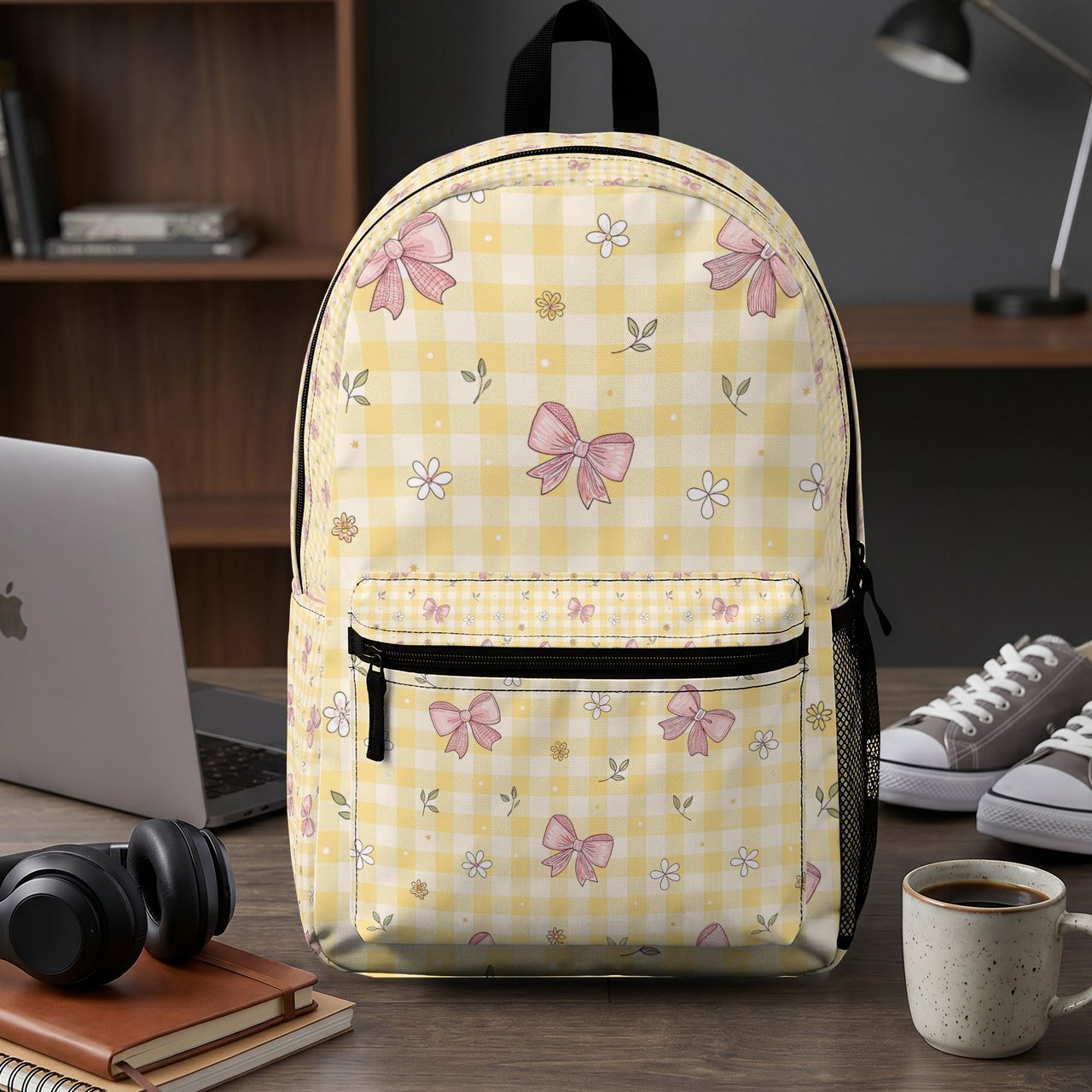 Pink Bow Gingham Backpack, Cute Coquette Aesthetic Spiral Notebook, Yellow Cottagecore Soft Girl School Bag, Preppy Teen Kawaii Book