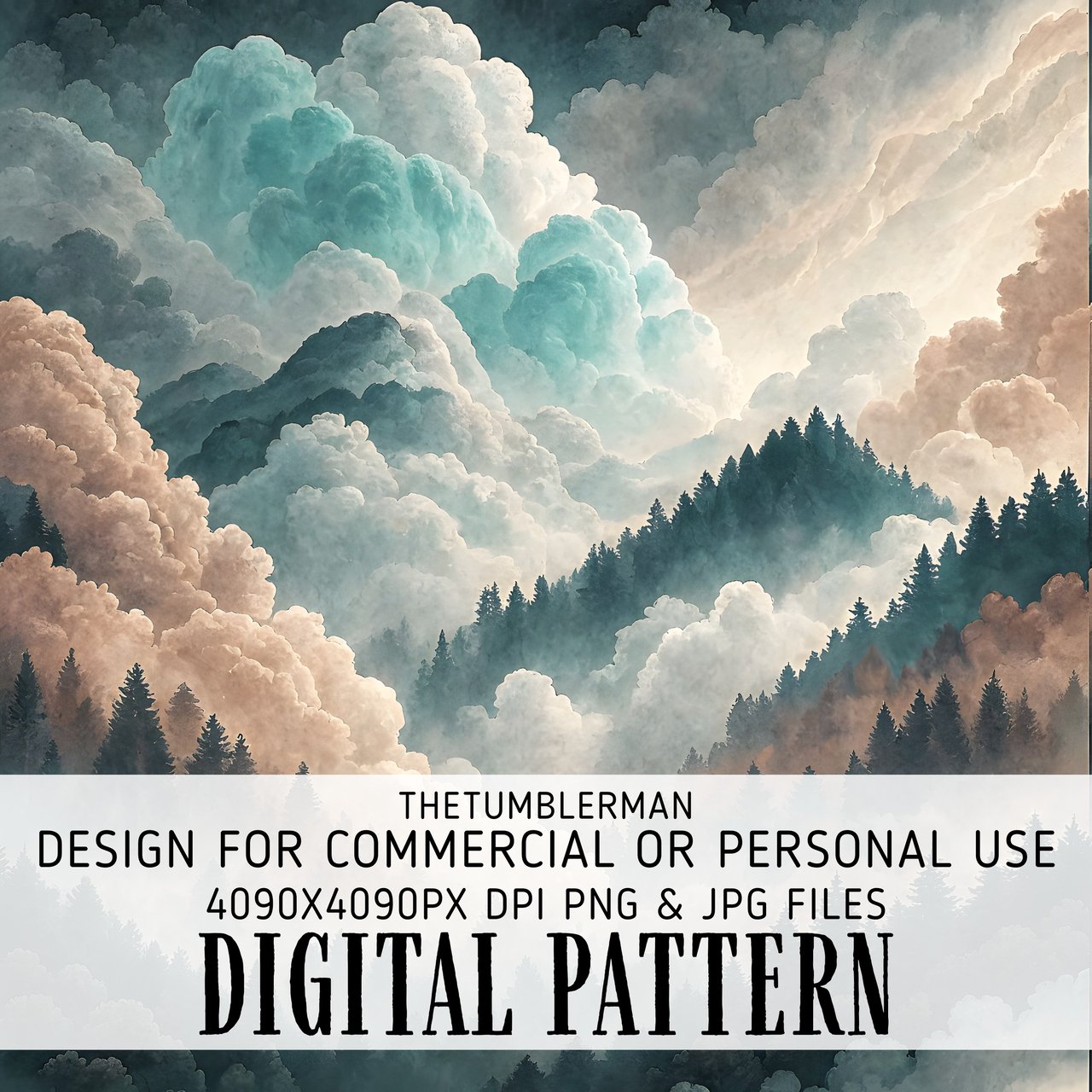 Watercolor Landscape Digital Pattern, Mountain Forest Clouds Digital Bundle, Scenic Print, Wall Art Design, Digital Art Prints, PNG JPG