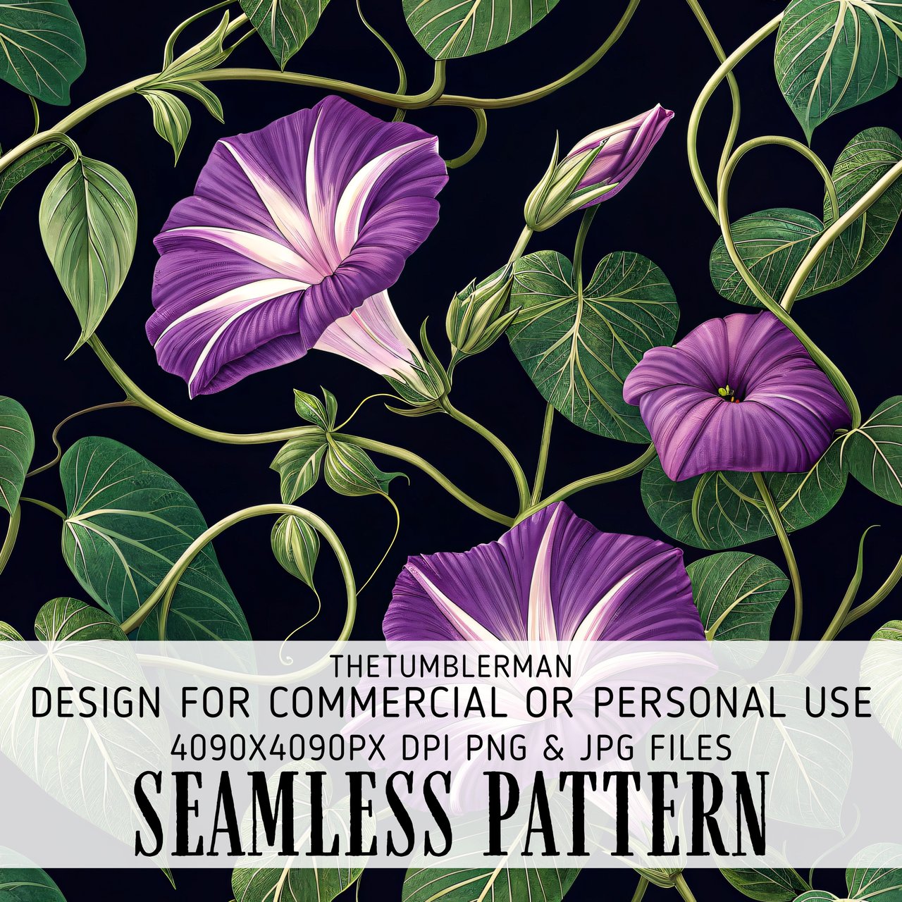 Purple Morning Glory Tumbler, Floral Digital Paper, Watercolor Flower Background, Printable PNG, Floral Junk Journal, Digital Scrapbooking