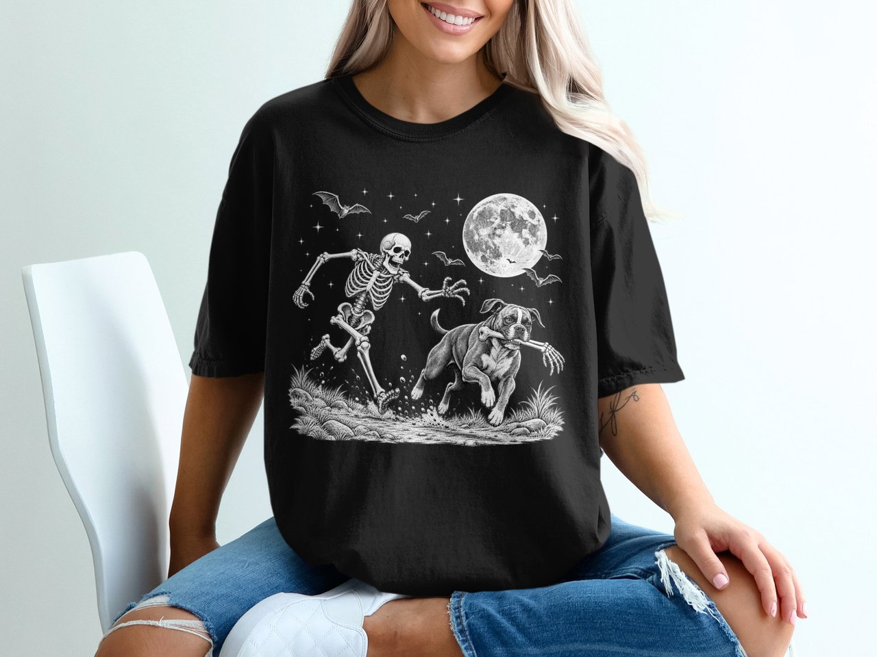 Skeleton Chasing Boxer Dog With Bone Halloween Bats Full Moon Spooky Standard T Shirts