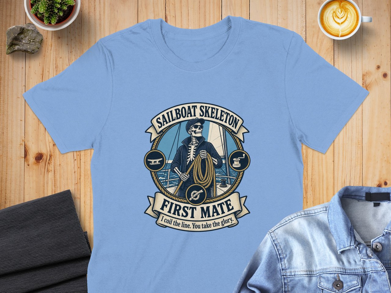 Sailboat Skeleton First Mate Sailing Crewneck Sweatshirts Nautical Sailor Boat Deck Rope Graphic