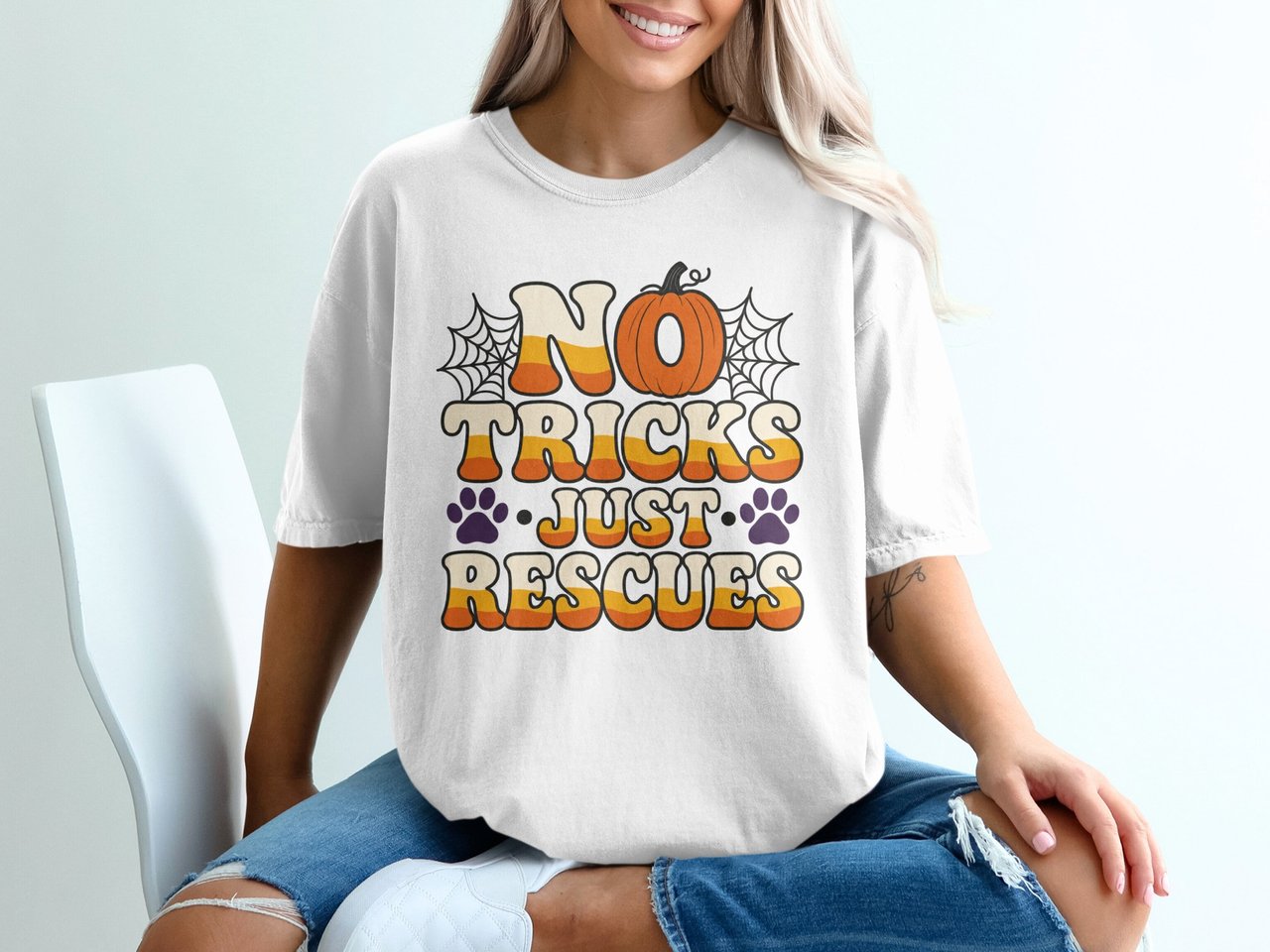 No Tricks Just Rescues Halloween T-Shirt, Retro Fall Dog Mom Tee, Spooky Season Animal Lover Shirt, Cute Pumpkin Pet Adoption Gift