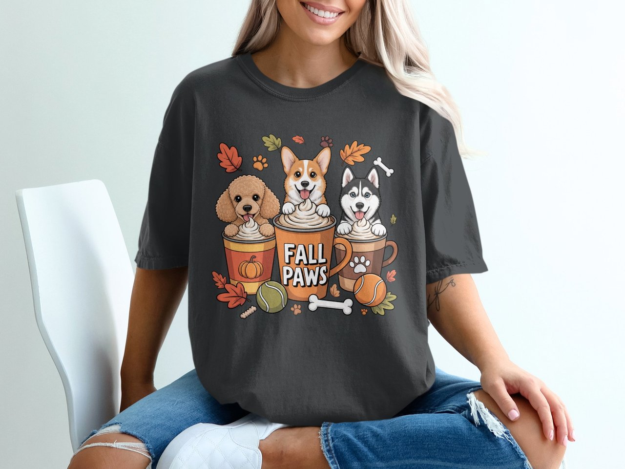 Fall Paws Cute Dog T-Shirt | Pumpkin Spice Pups Autumn Coffee Mug Design Tee | Adorable Poodle Corgi Husky Pet Lover Gift