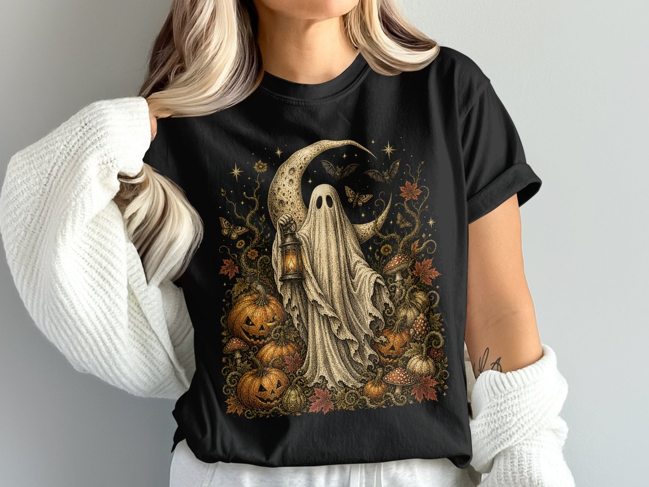 Spooky Ghost Lantern T-Shirt, Vintage Halloween Cottagecore Fall Vibes, Autumn Moon Pumpkin Bat Graphic Tee, Comfort Colors® 1717 Shirt