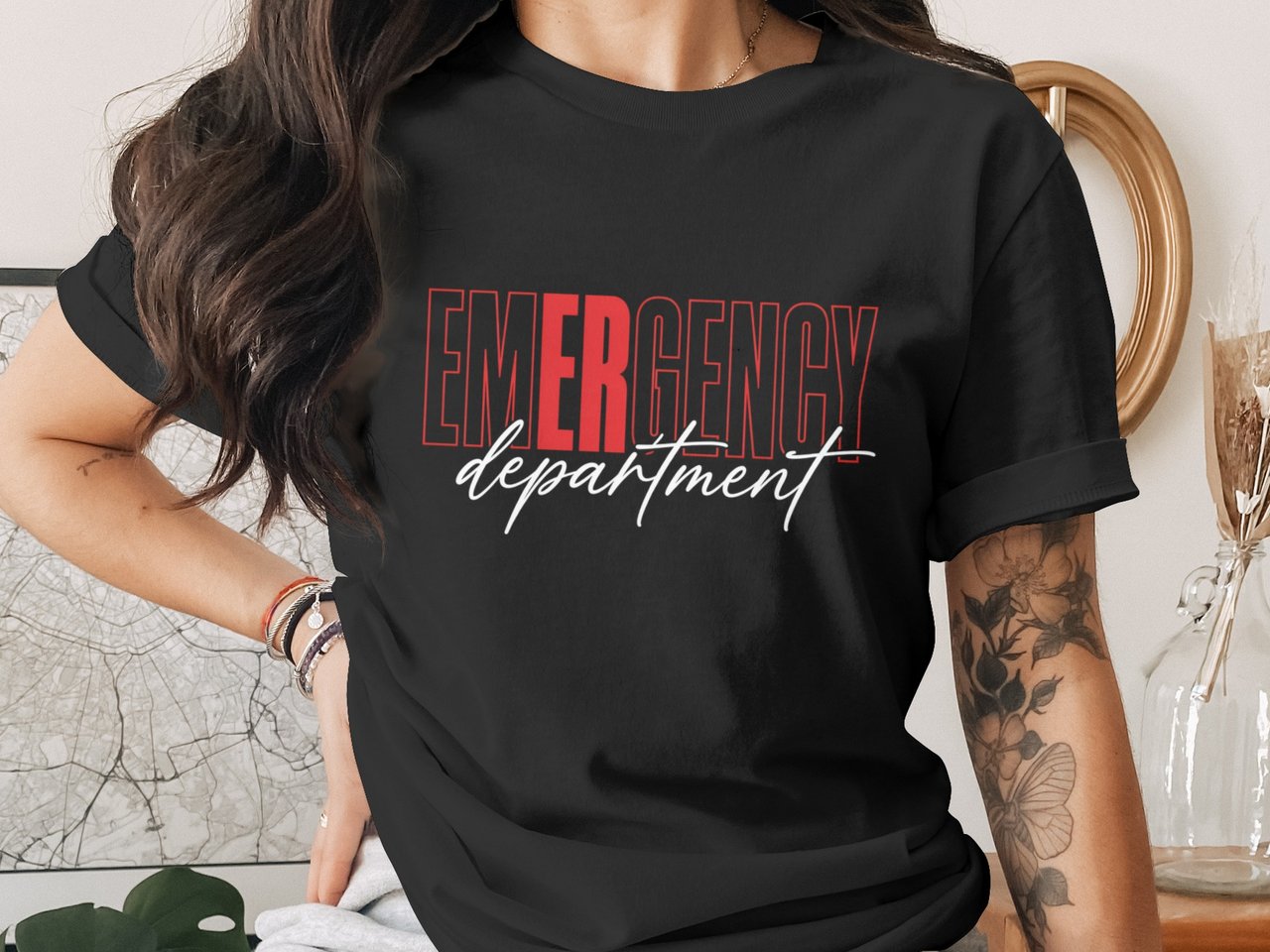 Emergency Department T-Shirt: Red, White Text, Nurse Healthcare Uniform Top